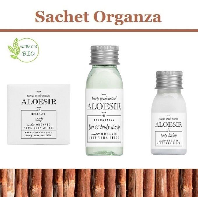 Aloésir savon d'invité 15g + gel douche 2en1 30ml + lait corporel 22ml- Sac organza